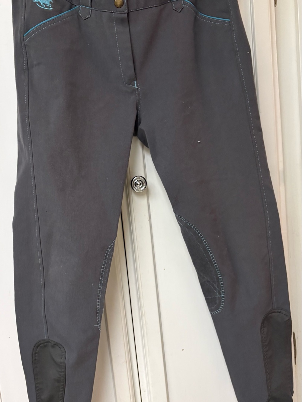 Piper Charcoal Kids Riding Breeches with Teal Topstitch
